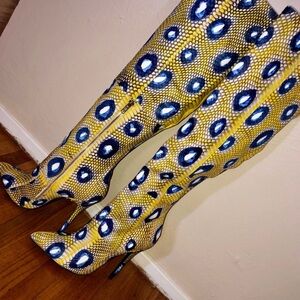 London Trash Yellow Blue Snakeskin Over the Knee Boots Artsy Unique Fun